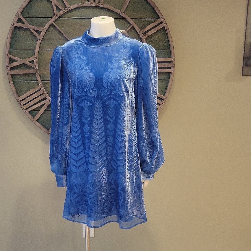Farm Rio X Anthropologie Puff Sleeve Blue Velvet Mini Dress